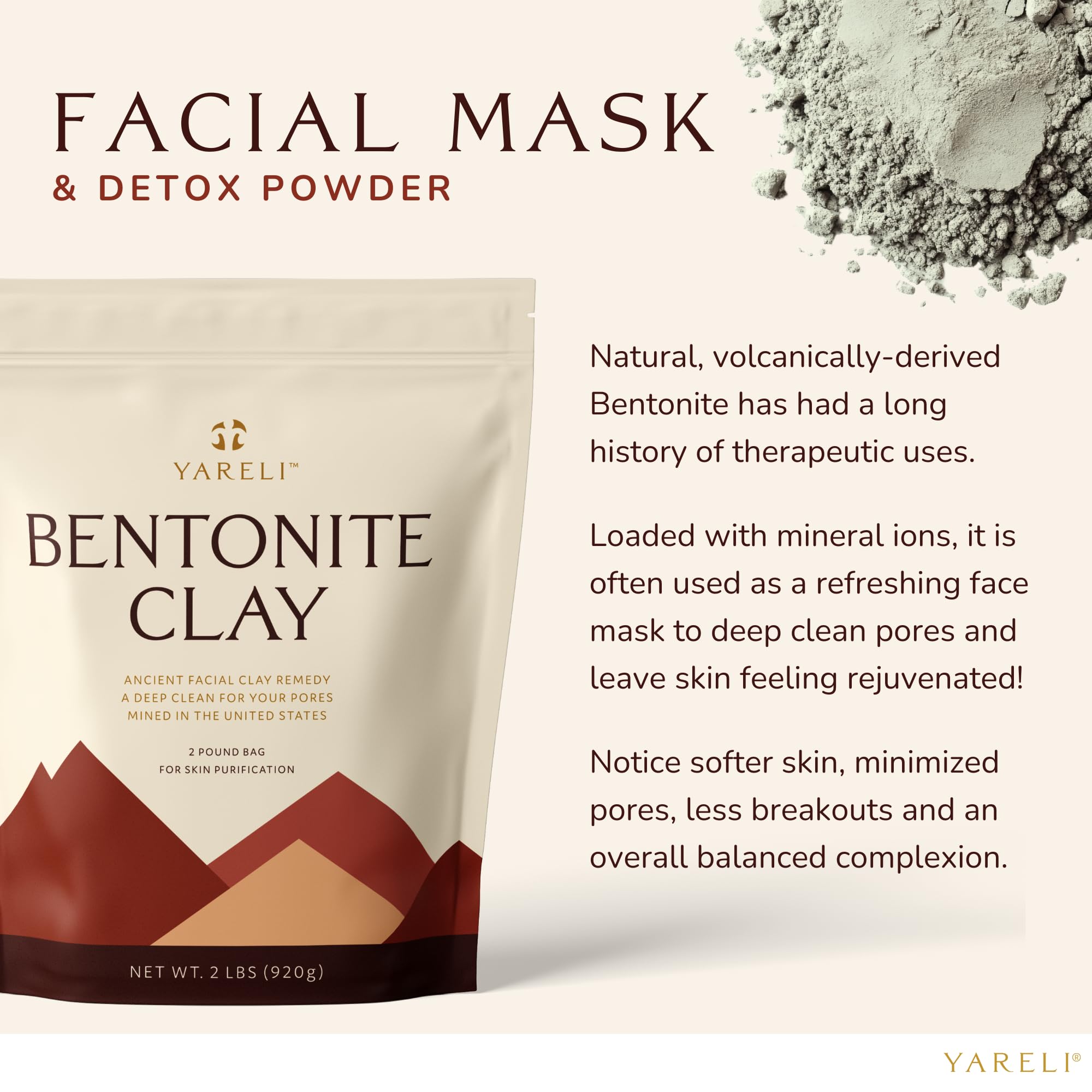 YARELI Bentonite Clay Powder Facial Mask & Cleansing Bath, Pure Indian Healing Clay, 2lb (32oz)